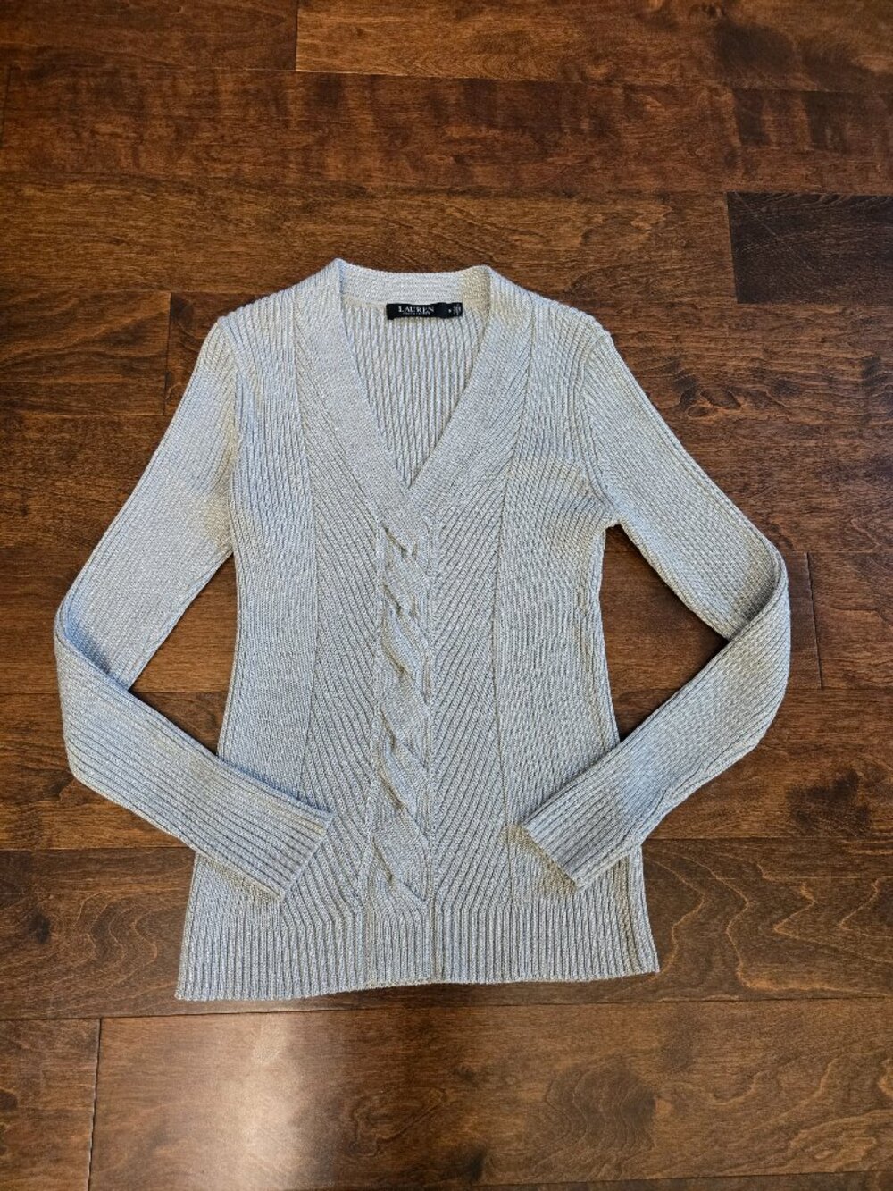 Silver Metallic V-Neck Long Sleeve Sweater